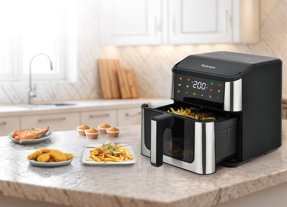 Fritéza teplovzdušná Rohnson R-2874, 8 l strieborná Fritéza teplovzdušná Rohnson R-2874 na kuchynskej linke, fritéza je pootvorená, vo vnútri fritovacej nádoby sú hranolky, vedľa fritézy ležia tanieriky s vyprážanými pokrmami