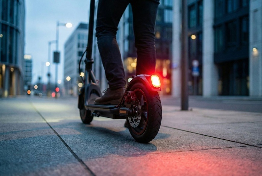Elektrická kolobežka Sencor SCOOTER S21 čierna Detail zadnej časti elektrickej kolobežky Sencor počas jazdy mestom za šera, kde výrazné červené zadné svetlo zvyšuje viditeľnosť a bezpečnosť. Jazdec stojí na kolobežke na prázdnej ulici obklopenej modernou architektúrou.