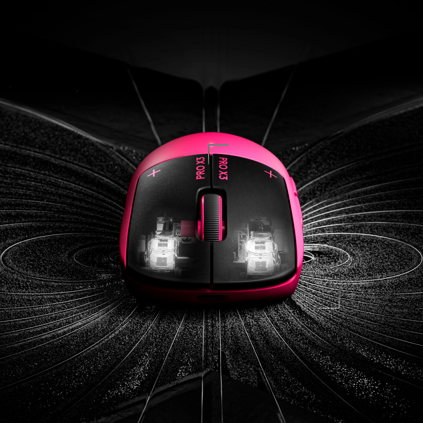 Myš Logitech G PRO X3 SUPERSTRIKE čierna Myš Logitech G PRO X3 Superstrike z horného pohľadu s priehľadovým efektom, ktorý ukazuje vnútornú konštrukciu
