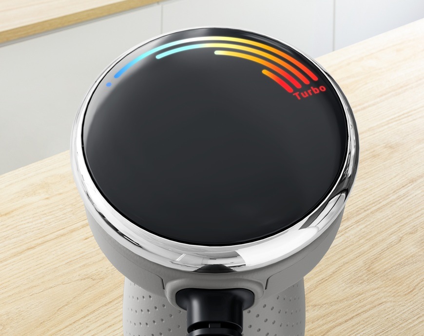 Ponorný mixér Tefal Quickchef+ HB672B30 2v1 sivý/nerez Detailný záber na hlavu ponorného mixéra Tefal HB672B30 Quickchef+ 2v1, kde je graficky zobrazená plynulá rýchlosť aj turbo režim