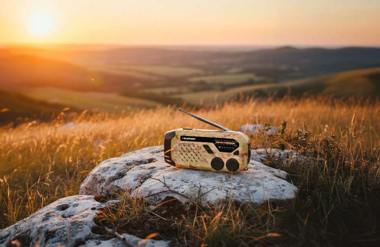 Rádioprijímač Blaupunkt ER10DC Survival hnedý Rádioprijímač Blaupunkt ER10DC Survival položený na kameni v krajine pri západe slnka