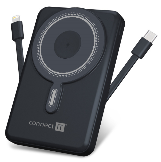 Powerbank Connect IT TravelCharge 10000 mAh, integrovaný USB-C a Lightning kábel sivý