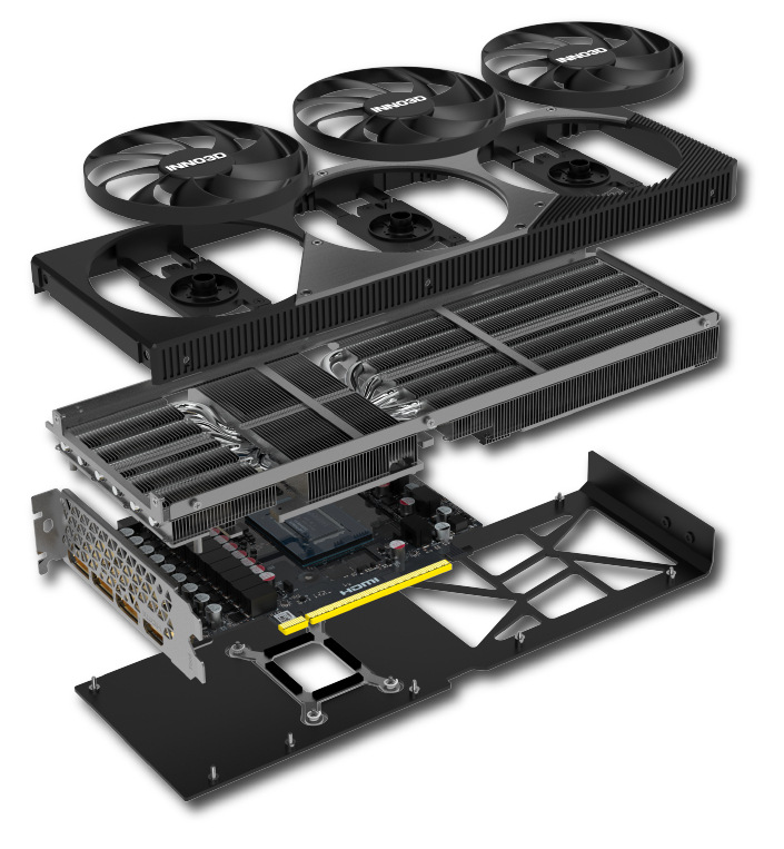 Explodovaný náhľad konštrukcie grafickej karty INNO3D GeForce RTX 5070 Ti X3 s chladičom a PCB