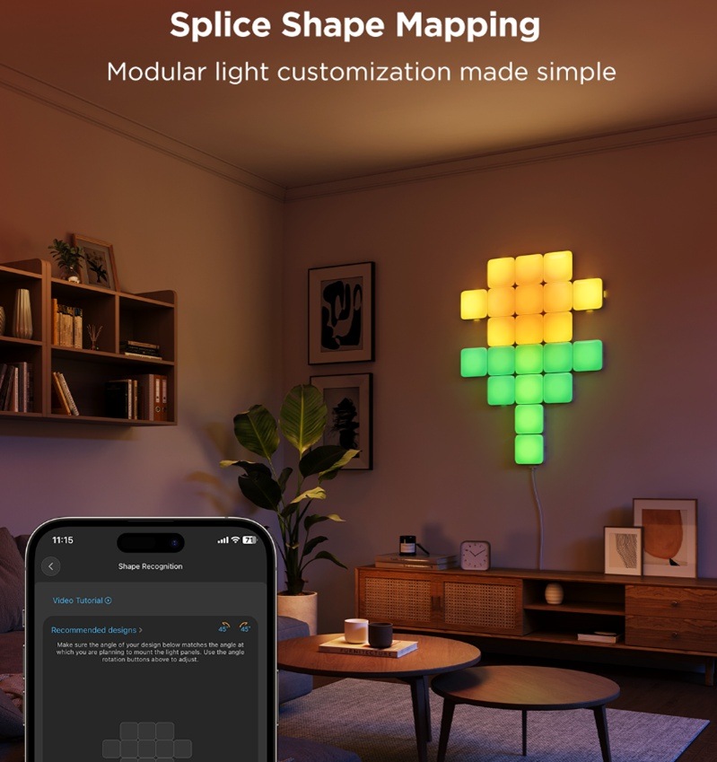 Nástenné svietidlo Govee Smart mini RGBIC panely, Matter (10 ks) biele Ovládanie LED panelov pomocou mobilného telefónu.