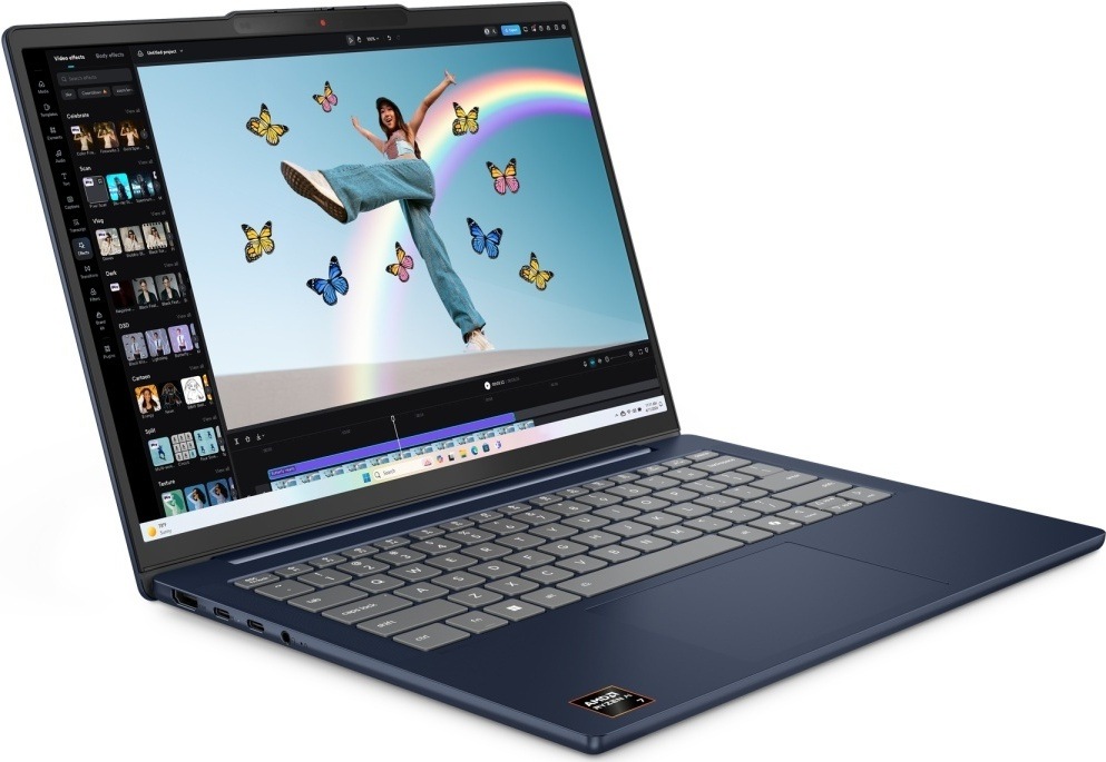 Pohľad šikmo zo strany na laptop Lenovo IdeaPad Slim 5 s ostrým, priestranným displejom