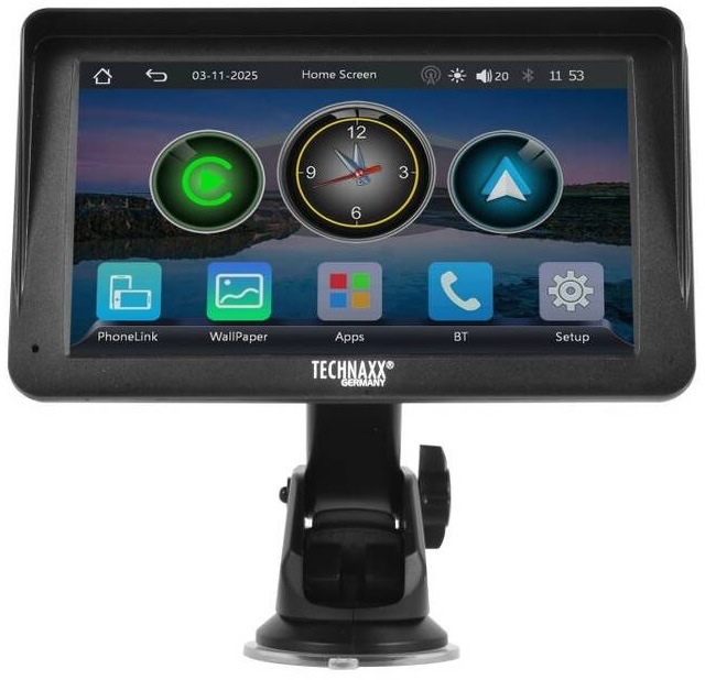 Displej do auta Technaxx Car Play & Android Auto Displej 7" DAB+ čierny Čierny displej do auta Technaxx TX-361 s domovskou obrazovkou, ikonami aplikácií a držiakom