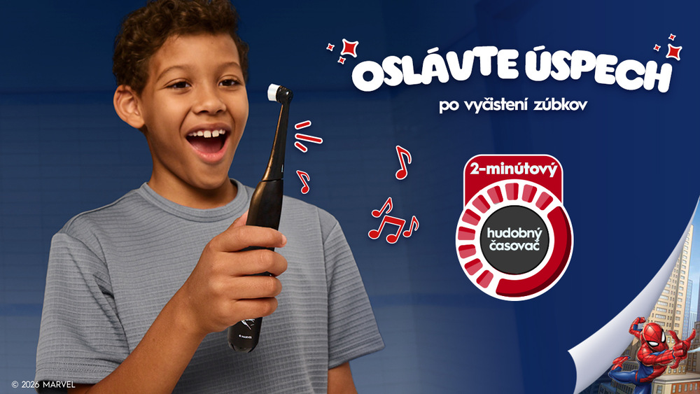 Zubná kefka Oral-B iO Kids 6+ Spiderman + cestovné puzdro čierna BRAIOKIDSSPIDERPB, Dieťa oslavuje po čistení zubov vďaka zábavnému 2-minútovému hudobnému časovaču kefky.