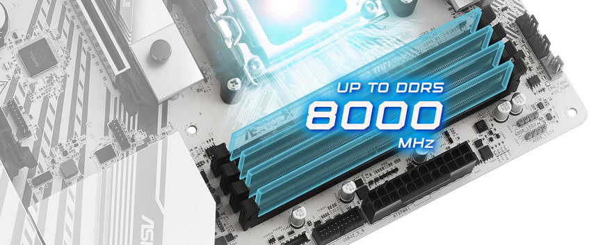 Detail slotov pamätí DDR5 na základnej doske ASRock X870 PRO RS WIFI s podporou až 8000 MHz
