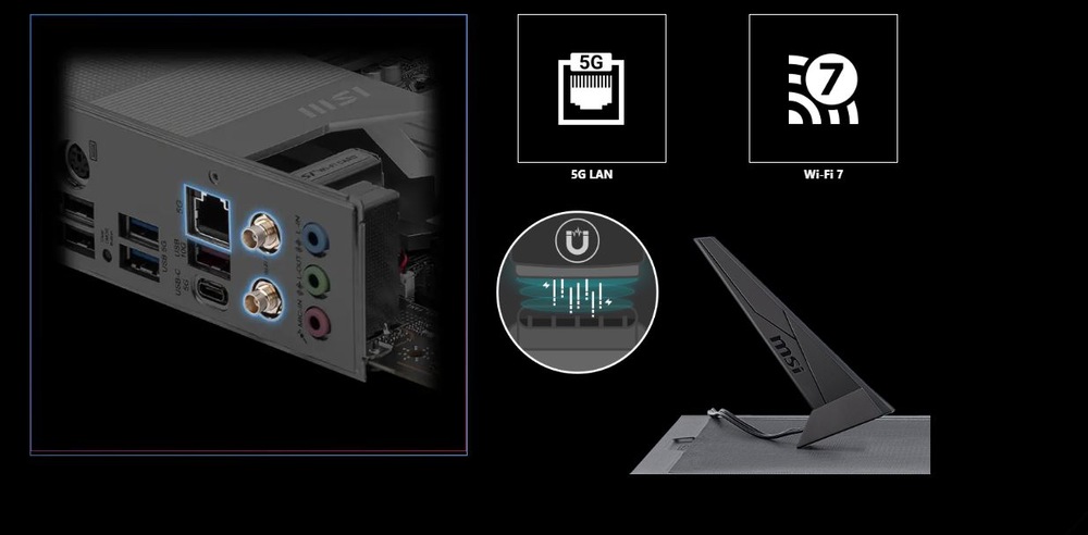 Základná doska MSI PRO B860M-A WIFI Detail zadných portov počítača s ethernetovými, USB a audio konektormi. Ikony zobrazujú 5G LAN a Wi-Fi 7. Na pravej spodnej strane vidíme anténu.