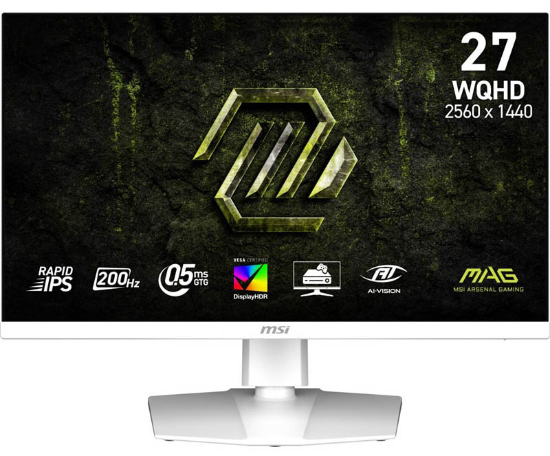 Herný monitor MSI MAG 274QRFW E20 v bielej farbe.