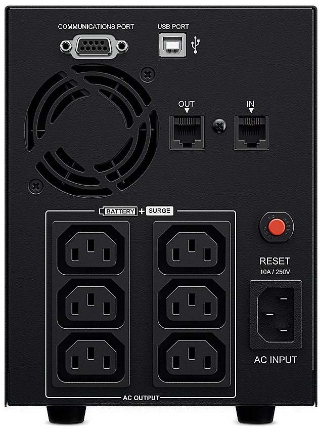 Na obrázku je zadná strana záložného zdroja (UPS) CyberPower GreenPower Value LCD 2200VA/1320W. V hornej časti sú komunikačné konektory: vľavo starší komunikačný port, vedľa neho USB port. Pod nimi je veľká kruhová mriežka ventilátora na chladenie. Vpravo hore sú dva malé sieťové konektory IN/OUT (pre priechod a ochranu dátovej linky). V spodnej časti je šesť zásuviek pre napájanie zariadenia - časť je označená ako BATÉRIA + prepäťová ochrana a časť ako prepäťová ochrana. Vpravo je červené tlačidlo RESET (istič) a dole vpravo vstup pre napájací kábel AC INPUT.