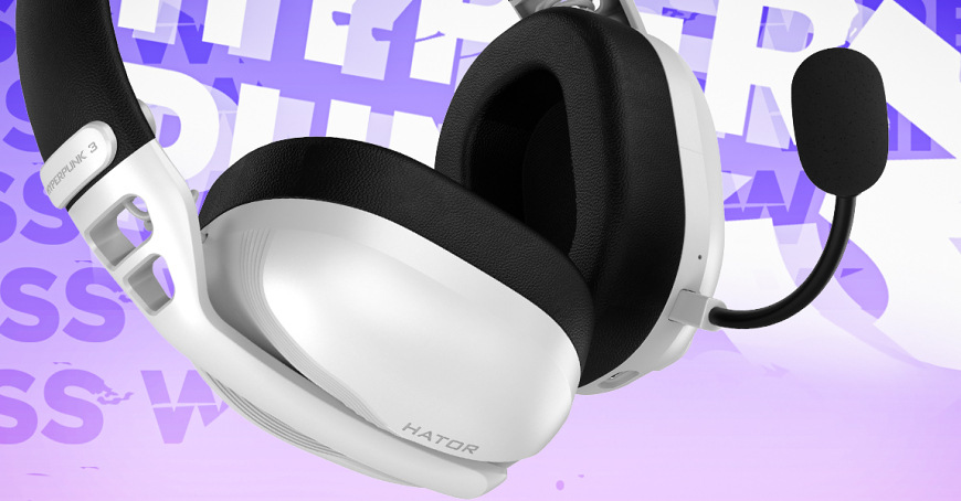 Headset HATOR Hyperpunk 3 biely Detail náušníka, hlavového mosta a mikrofónu bieleho headsetu HATOR Hyperpunk 3 Wireless