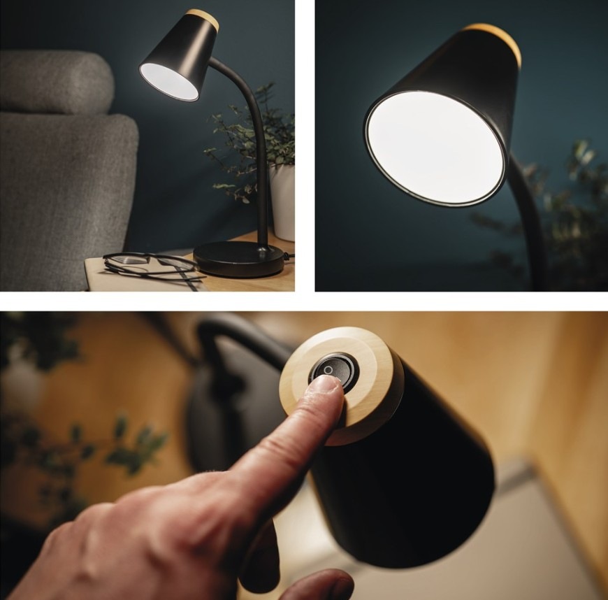 Stolná lampa EMOS Tara, 5 W, LED integrované, IP20 čierna Koláž fotografií stolné LED lampičky EMOS Tara v čiernej farbe