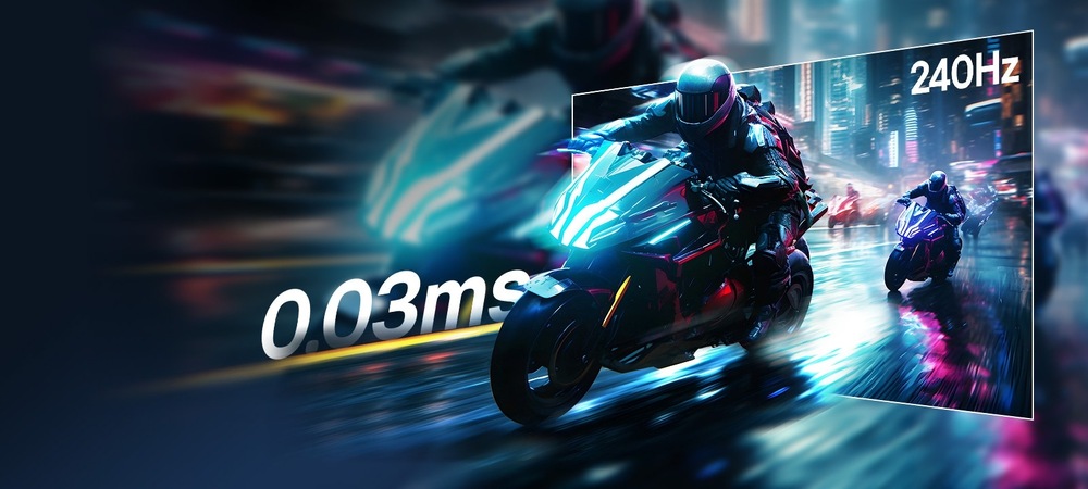 Záber z hry s futuristickými pouličnými motocyklovými pretekmi ožiarený neónovými svetlami vo vysokých rýchlostiach s textom 0,03 ms, poukazujúci na ultra nízku odozvu.