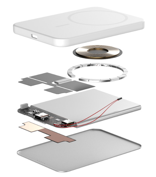 Powerbank Epico UltraPack Qi2 25W Slim 5000mAh hliníková Mag+ EM55 strieborná Vnútorná konštrukcia powerbanky Epico UltraPack Qi2 25 W Slim 5 000 mAh s magnetickou cievkou