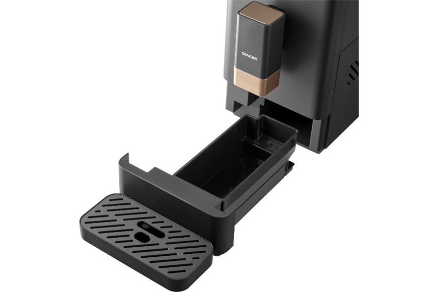 Espresso Sencor SES 6100BK čierne Vyberateľný zásobník na kávovú usadeninu a odkvapkávacia miska automatického kávovaru Sencor SES 6100BK umožňujú rýchlu a jednoduchú údržbu aj čistenie.