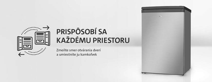 Nerezová monoklimatická chladnička ETA s možnosťou zmeny smeru otvárania dverí. Grafika znázorňuje flexibilitu inštalácie. Text: Prispôsobí sa každému priestoru – zmeňte smer otvárania dverí a umiestnite ju kamkoľvek