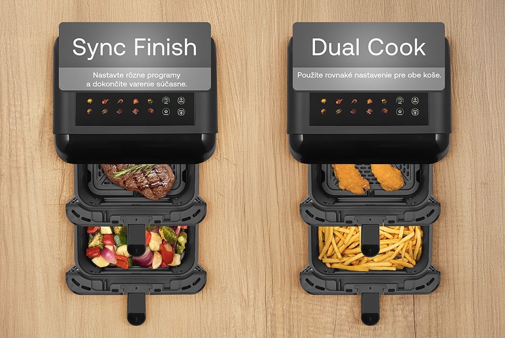 Fritéza teplovzdušná Sencor SFR 1250BK čierna Teplovzdušná fritéza Sencor SFR 1250BK s funkciami Sync Finish a Dual Cook, ktoré umožňujú pripravovať dva rôzne pokrmy súčasne alebo použiť rovnaké nastavenie pre oba koše. Na obrázku je kombinácia mäsa so zeleninou aj hranoliek s obaľovanými kúskami.