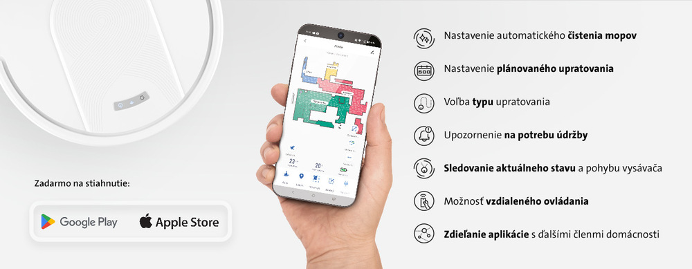 Biely robotický vysávač 2 v 1 ETA Aron 2 v elegantnom matnom prevedení zaparkovaný v nabíjacej stanici. Pohľad zhora zdôrazňuje jeho nízky profil a čistý dizajn s logom ETA