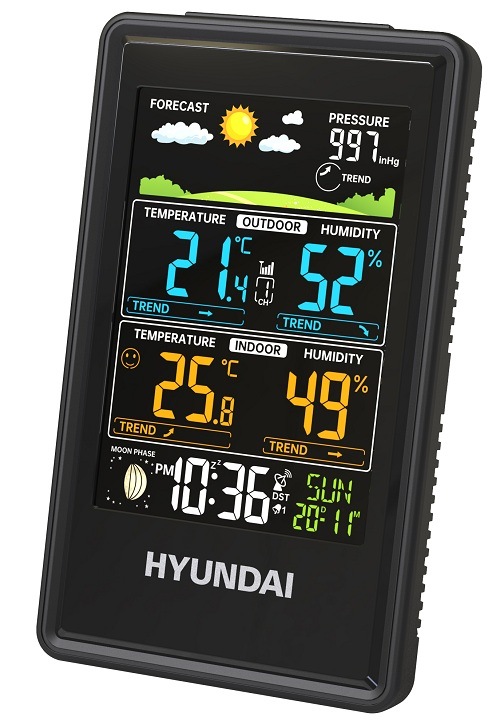Čierna meteostanica Hyundai WS 2350 zobrazujúca informácie o počasí