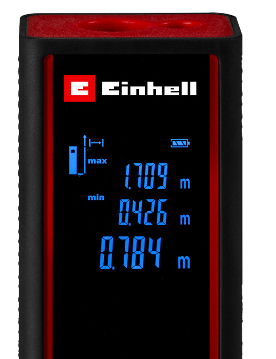 Laserový diaľkomer Einhell Classic TC-LD 30 R Detail displeja laserového diaľkomera Einhell Classic TC-LD 30 R so zobrazením min a max merania