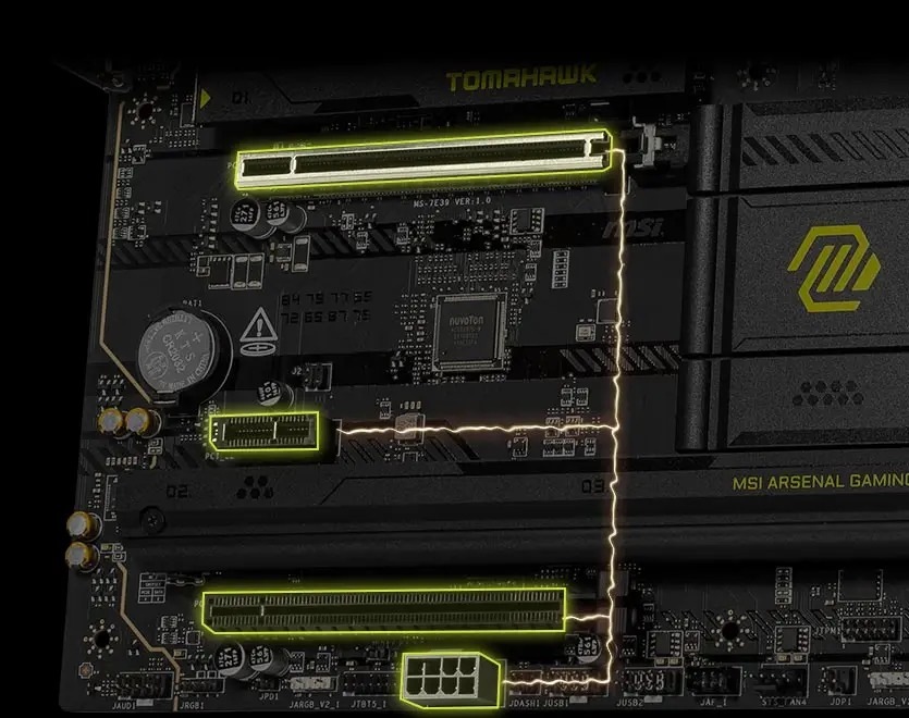 Základná doska MSI MAG B860 TOMAHAWK WIFI Detailný záber základnej dosky s vyznačenými PCI slotmi a zeleno svietiacimi obvodmi. Dizajn pôsobí technicky a moderne a vyžaruje inovatívnosť.