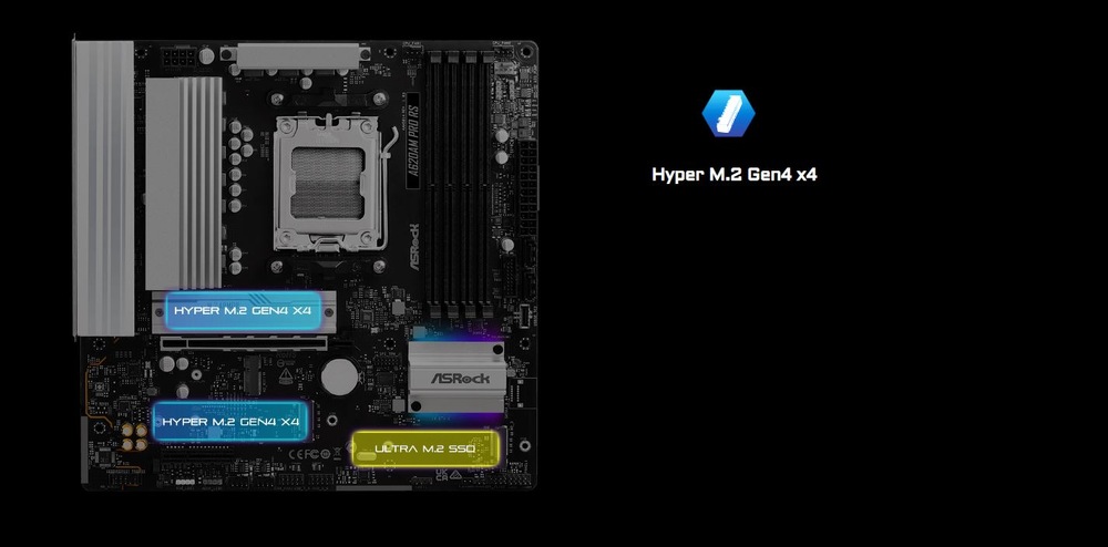 Základná doska ASRock A620AM PRO RS čierna Základná doska s označenými slotmi Hyper M.2 Gen4 x4 zvýraznenými modro a žlto na čiernom pozadí. Viditeľné logo ASRock.