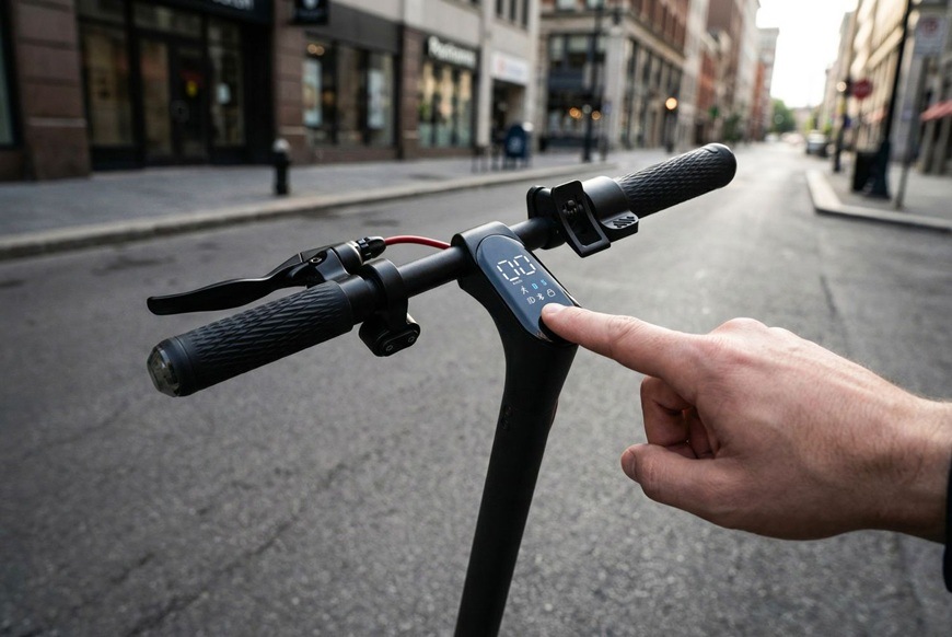 Elektrická kolobežka Sencor SCOOTER S25 čierna Detail riadidiel elektrickej kolobežky Sencor SCOOTER S31 s digitálnym displejom zobrazujúcim aktuálnu rýchlosť a stav jazdy. Užívateľ ovláda kolobežku dotykom tlačidla priamo na paneli.