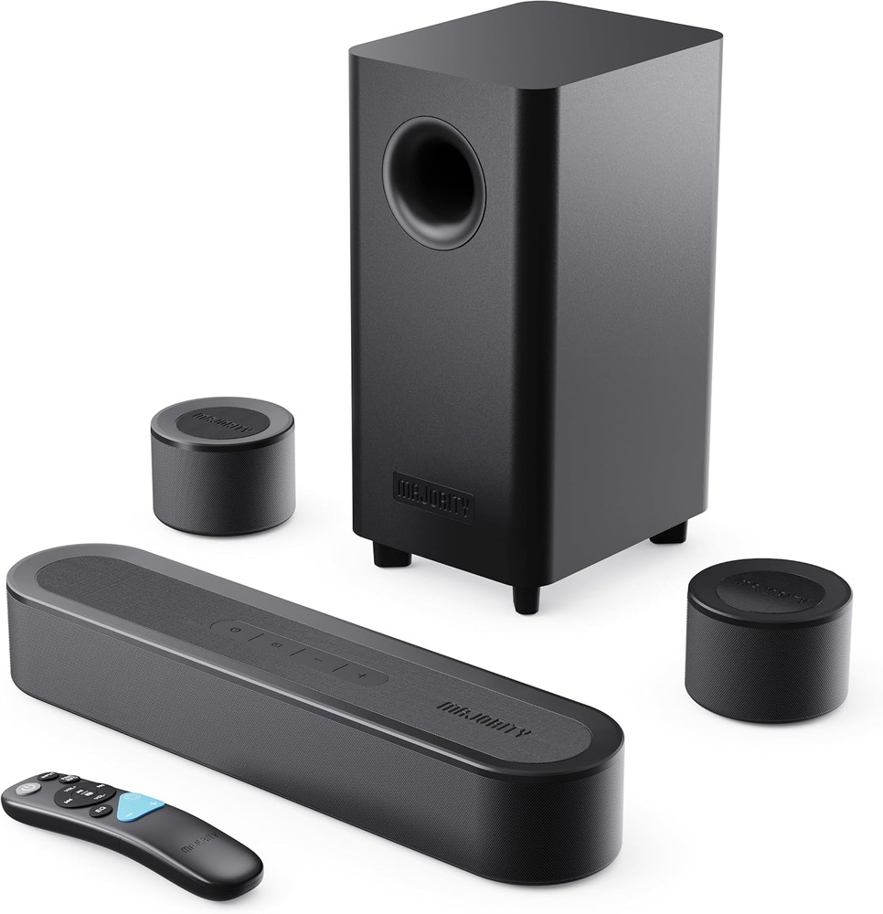 Soundbar Majority Bowfell Halo s drôtovým subwooferom, dvoma zadnými reproduktormi a diaľkovým ovládaním.