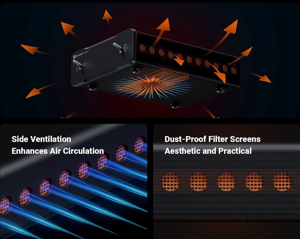 Grafika chladenia zosilňovača Fosi Audio V3 Mono znázorňuje odvod tepla šasi, bočnú ventiláciu a protiprachové mriežky.