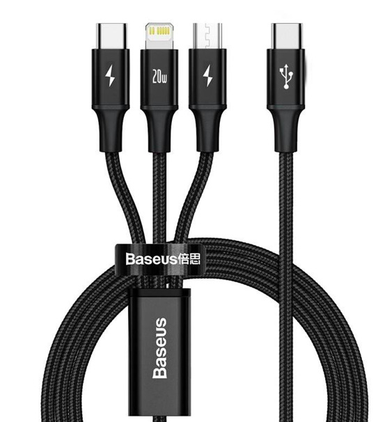 Kábel Baseus Rapid Series 3v1 USB-C (Micro USB/Lightning/USB-C) PD 20W 1,5m čierny Kábel Baseus Rapid Series 3v1 USB-C (Micro USB/Lightning/USB-C) PD 20W 1,5m čierny