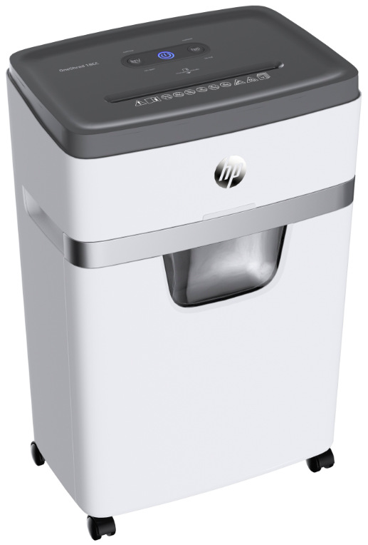 Skartovač HP OneShred 18CC biely Šikmý pohľad na skartovač HP OneShred 18CC s kolieskami a predným priezorom koša
