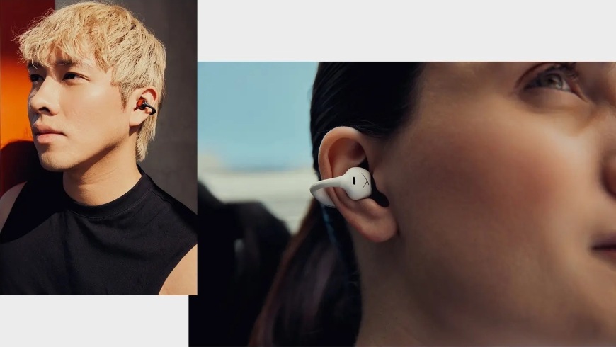 Slúchadlá Beyerdynamic Amiron Zero Bluetooth Open-Ear Clip biela Muž s pohodlným klipovým slúchadlom a detail ženy s klipovým slúchadlom Beyerdynamic Amiron Zero