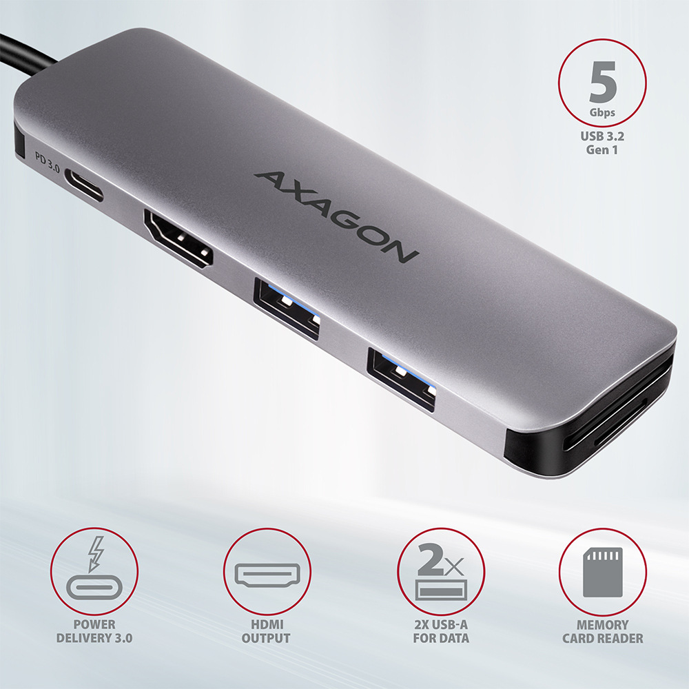 USB Hub Axagon USB 3.2 Gen 1 húb, 2x USB-A, HDMI, SD/microSD slot, PD 100W, kábel USB-C 20cm sivý USB Hub Axagon USB 3.2 Gen 1 húb, 2x USB-A, HDMI, SD/microSD slot, PD 100W, kábel USB-C 20cm sivý
