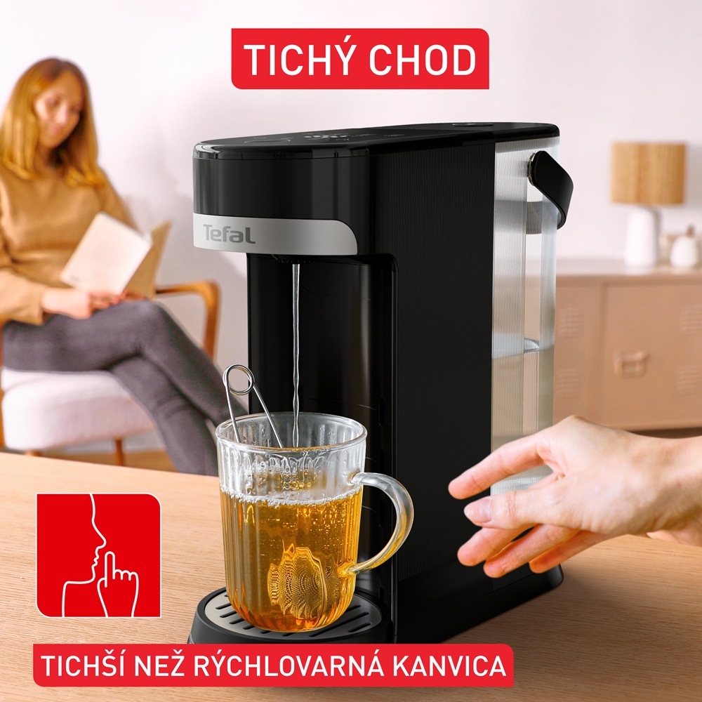 Ohrievač vody Tefal BR3508E0 Instant Hot Water čierny/nerez Ohrievač vody Tefal Instant Hot Water BR3508E0 napúšťa teplú vodu do hrnčeka s čajom.