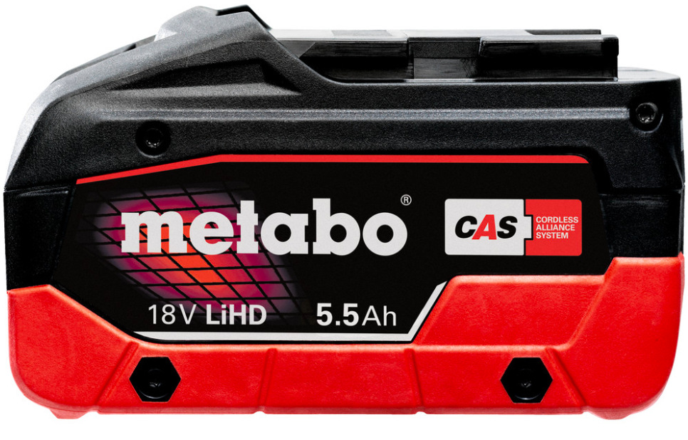 Akumulátor Metabo LiHD 5.5 Ah 625368000 Bočný pohľad na akumulátor Metabo LiHD 5.5 Ah 625368000 s označením 18V LiHD a systémom CAS