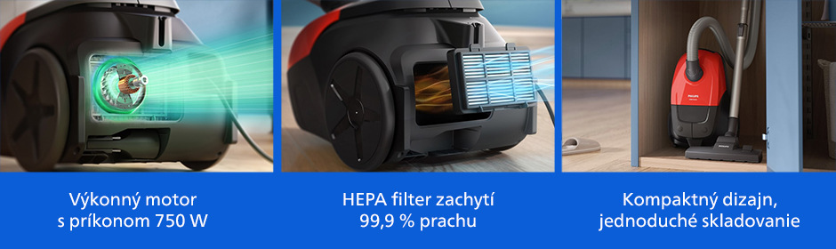 Vreckový vysávač Philips XD1111/10 1000 Series s výkonným 750W motorom, HEPA filtrom a kompaktným dizajnom.