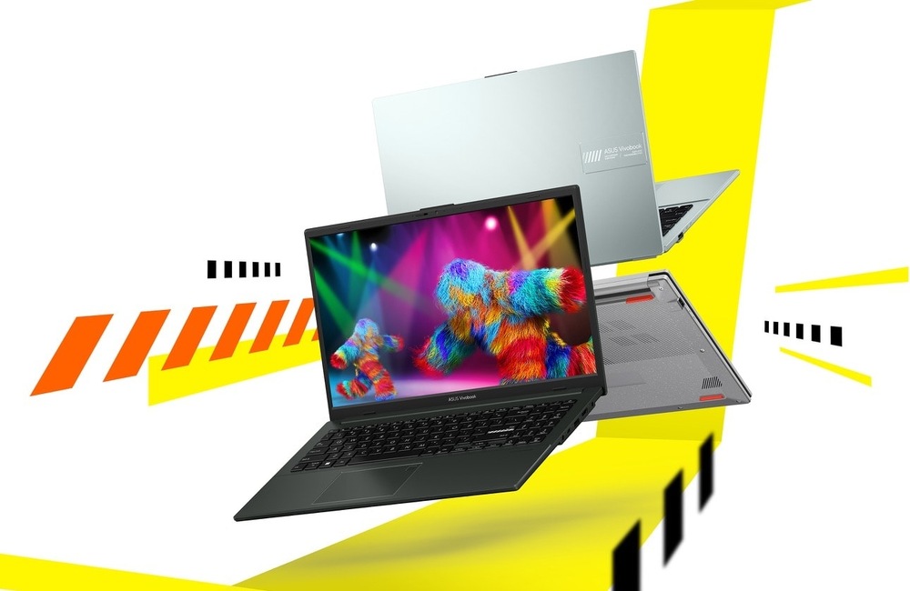 Notebook ASUS Vivobook Go 15 z rôznych uhlov vrátane pohľadu na veko a spodnú stranu