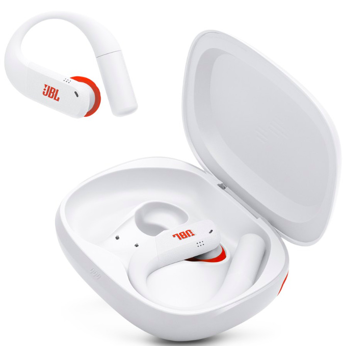 Slúchadlá JBL Endurance Peak 4 biela Detail tvarovaného háčika a špuntu slúchadiel JBL Endurance Peak 4 pre pevné usadenie