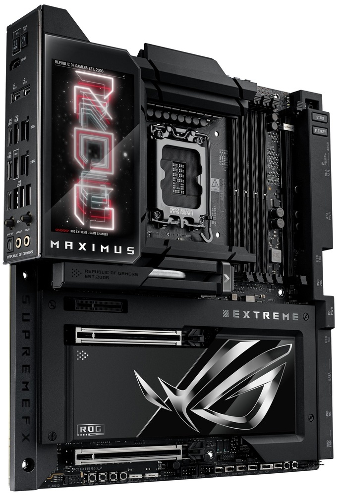 Základná doska Asus ROG MAXIMUS Z890 EXTREME Pri pohľade šikmo zľava vidíme nad zadnými konektormi masívny kryt I/O, ktorý plynule nadväzuje na veľké pasívy okolo pätice CPU. Hneď na ľavom boku je vidieť celý zadný panel: hore sú tlačidlá BIOS FlashBack a Clear CMOS, pod nimi 1× HDMI a dvojica USB-C pre Thunderbolt 5. Nižšie sú dva LAN porty (10Gb a 2.5Gb) a veľký blok USB vrátane niekoľkých USB-C a USB-A, dole potom optický S/PD.