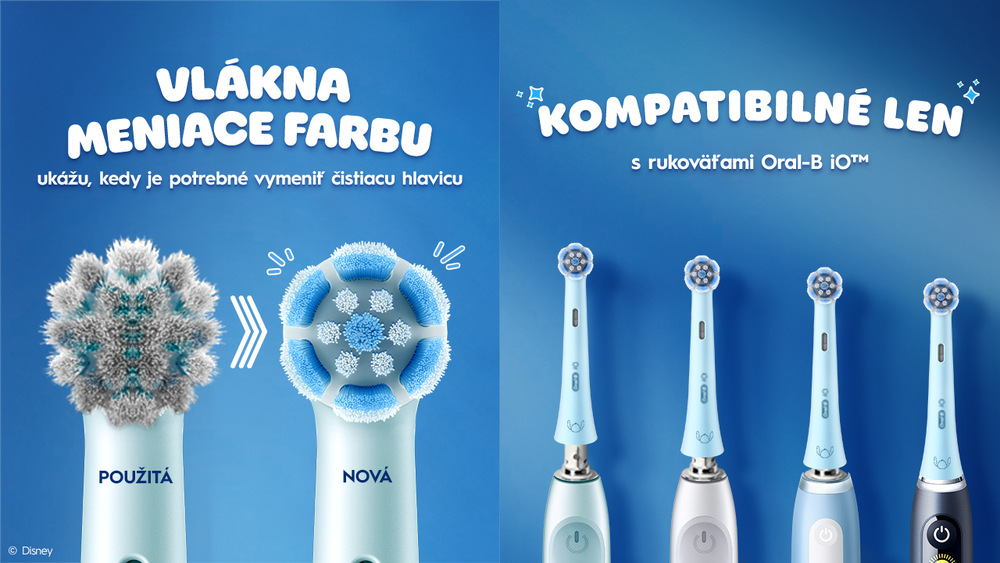 Náhradné hlavice Oral-B iO Kids Stitch (4 ks) modrá Porovnanie použitej a novej hlavice s funkciou meniacej farby vlákien a informáciou o kompatibilite s rukoväťami Oral-B iO.