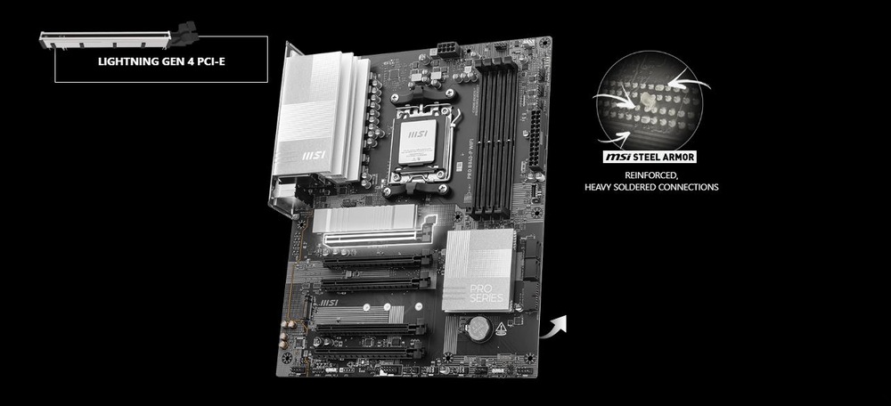 Základná doska MSI PRO B840-P WIFI Je zobrazená čierna základná doska MSI s chladičmi, zvýrazňujúci slot „Lightning Gen 4 PCI-E“ a vystužené komponenty „MSI Steel Armor“.