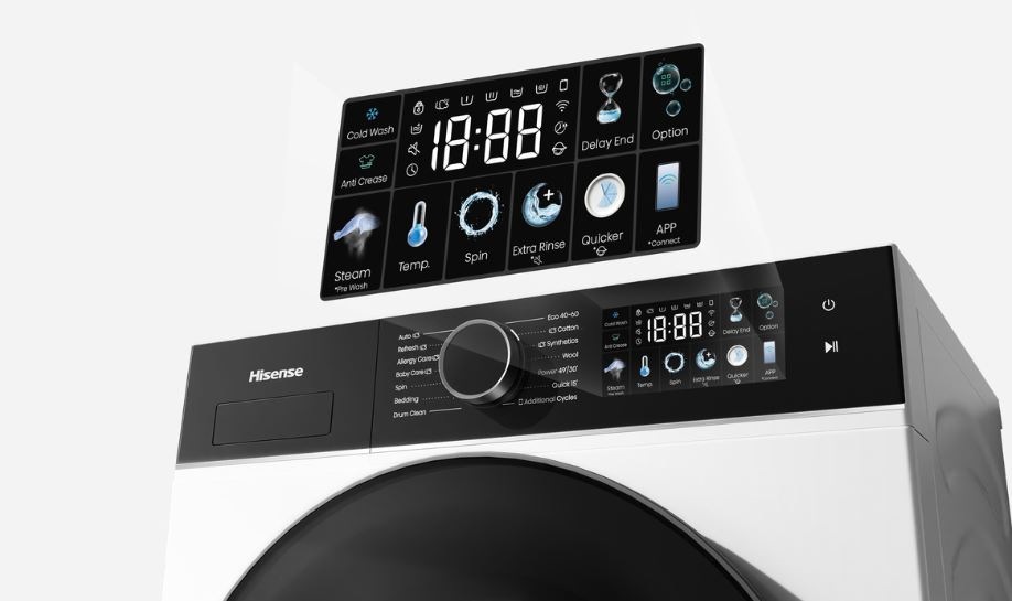 Práčka Hisense WF3I8043BBF čierna detail na farebný displej práčky Hisense WF3I8043BWF. Panel obsahuje veľké prehľadné ikony