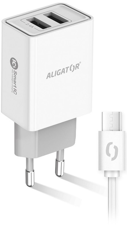 Nabíjačka do siete Aligator 2,4A, 2xUSB, smart IC, USB-C kábel biela