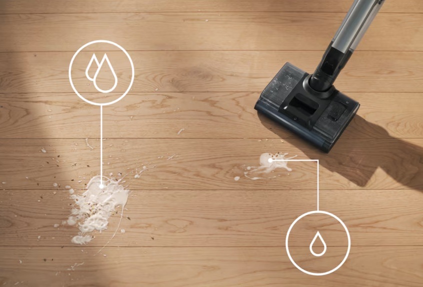 Tyčový vysávač Electrolux 800 Wet&Dry EW82U2DB 3v1 modrý Vysávač Electrolux EW82U2DB séria 800 Ultimate Wet&Dry 3v1 na plávajúcej podlahe. Pri škvrnách od jogurtu sú symboly s kvapkami vody na základe veľkosti škvrny.