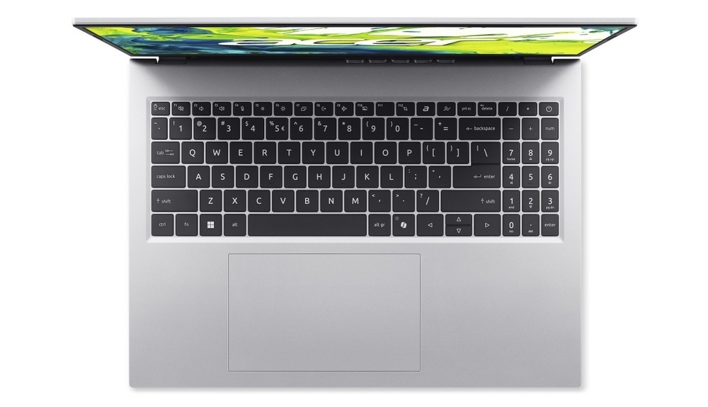 Notebook Acer Aspire Go 16 (AG16-71P-54KA) strieborný Notebook Acer Aspire Go 16 (AG16-71P-54KA) zhora pohľad na klávesnicu