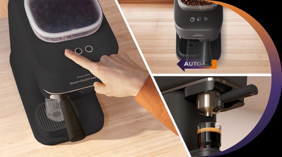 Pákový kávovar Philips BAR300/60 Baristina a a ovládanie pákou a detailný pohľad na kávovar