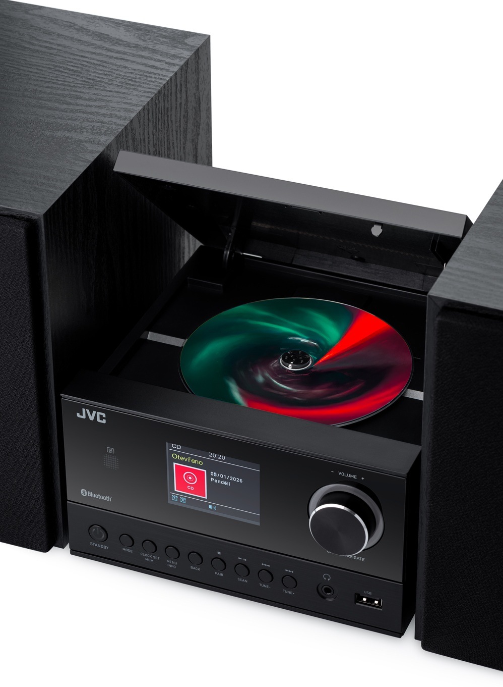 Mikro HiFi systém JVC UX-E225B čierny Detail horného vkladania CD pri mikrosystéme JVC UX-E225B s prehľadným displejom v slovenčine a ovládacími tlačidlami