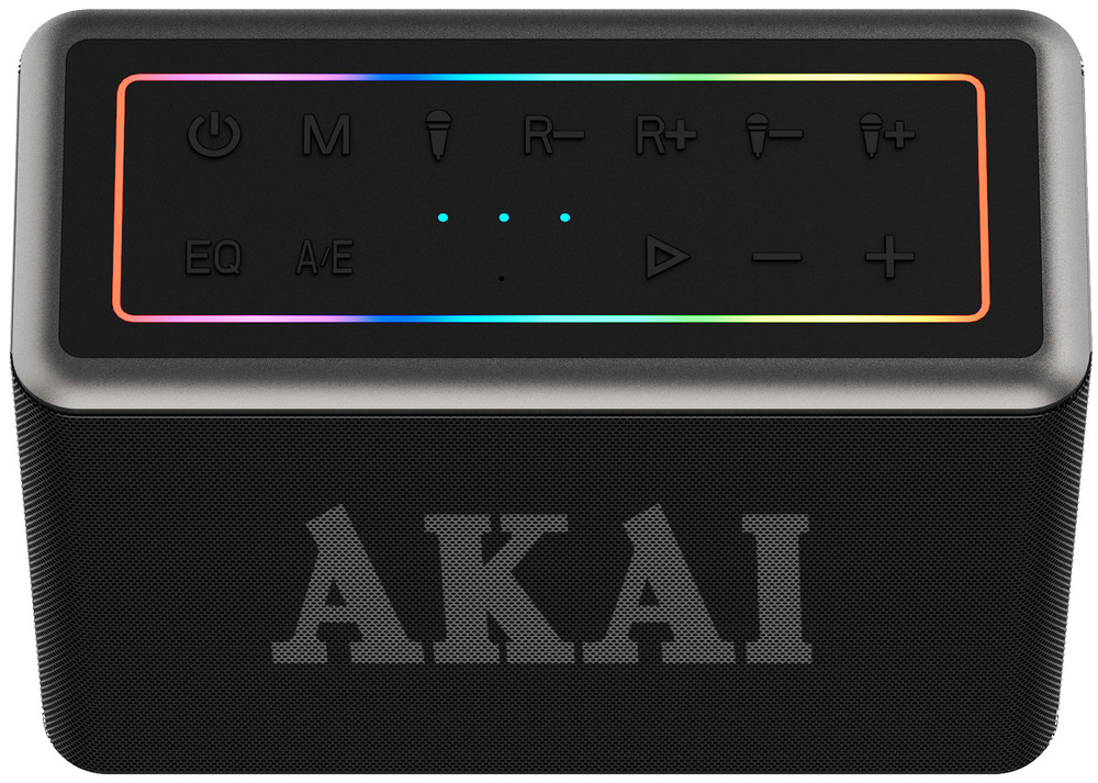 Prenosný reproduktor AKAI ABTSW-120 čierny Dotykový ovládací panel karaoke reproduktora Akai s tlačidlami EQ a hlasitosti.