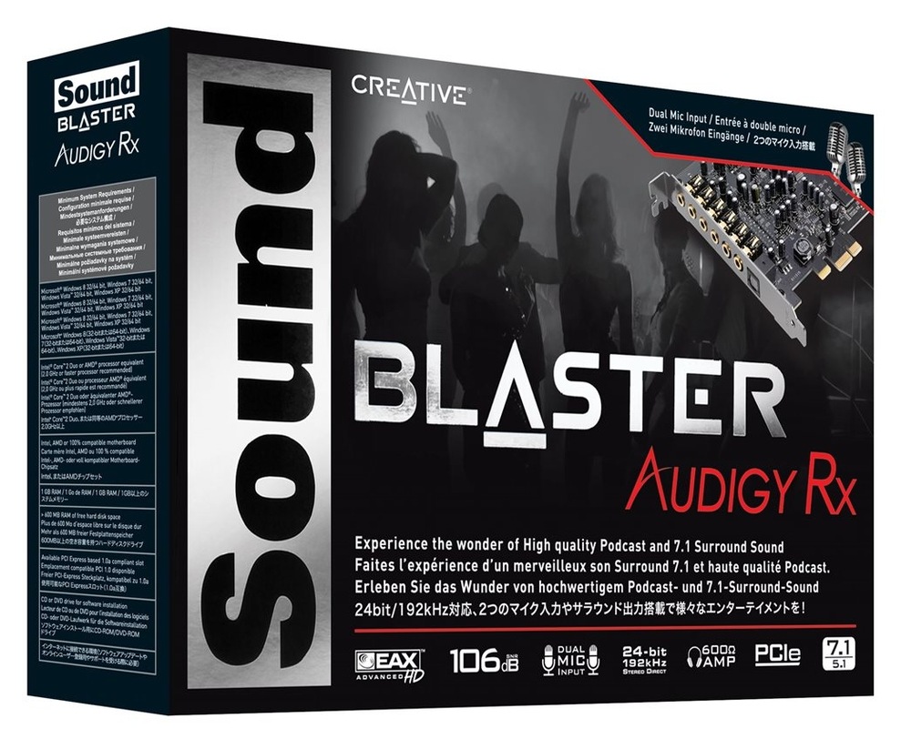 Zvuková karta Creative Sound Blaster Audigy RX Balenie zvukovej karty s fotografiou karty na obale a popisom.
